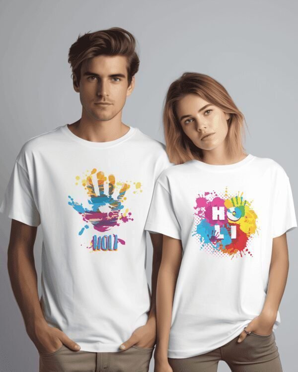 Holi Printed Round Neck Dry fit T-Shirt for Men/Women/Holi T-Shirts for Women/Couple Holi T-Shirts (Pack of 2)